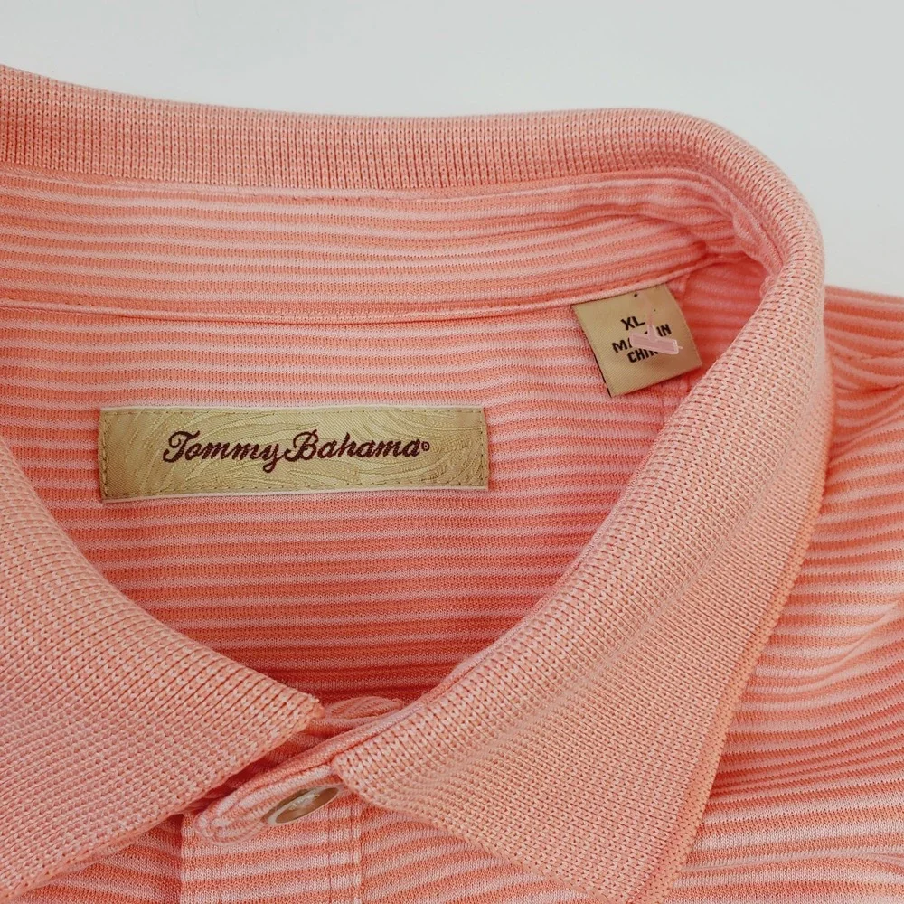 Tommy Bahama Polo Men XL Coral Stretch Striped Short‎ Sleeve Casual Outdoor